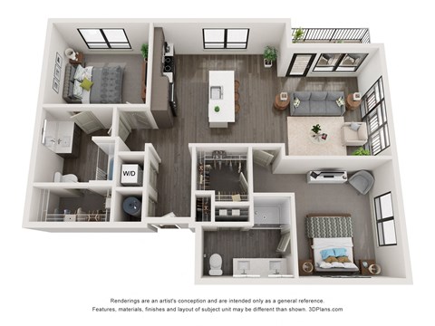 Floor plan for 2 beds, 2 baths, 1161 sqft